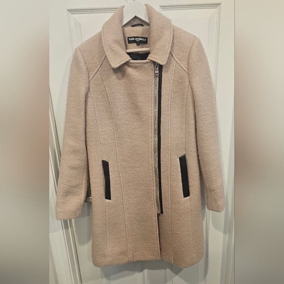 Karl Lagerfeld Womens Cream Wool Blend Coat With Leather Trim - Size M - Picture 3 of 13